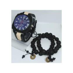 Men Black Leather Wristwatch + Bracelets