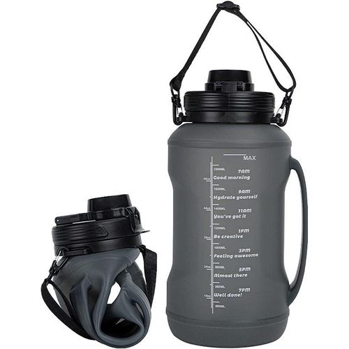 Black 2L Collapsible Water Bottle Foldable Silicone Travel Water Bottle with Motivational Times to Drink with Straw